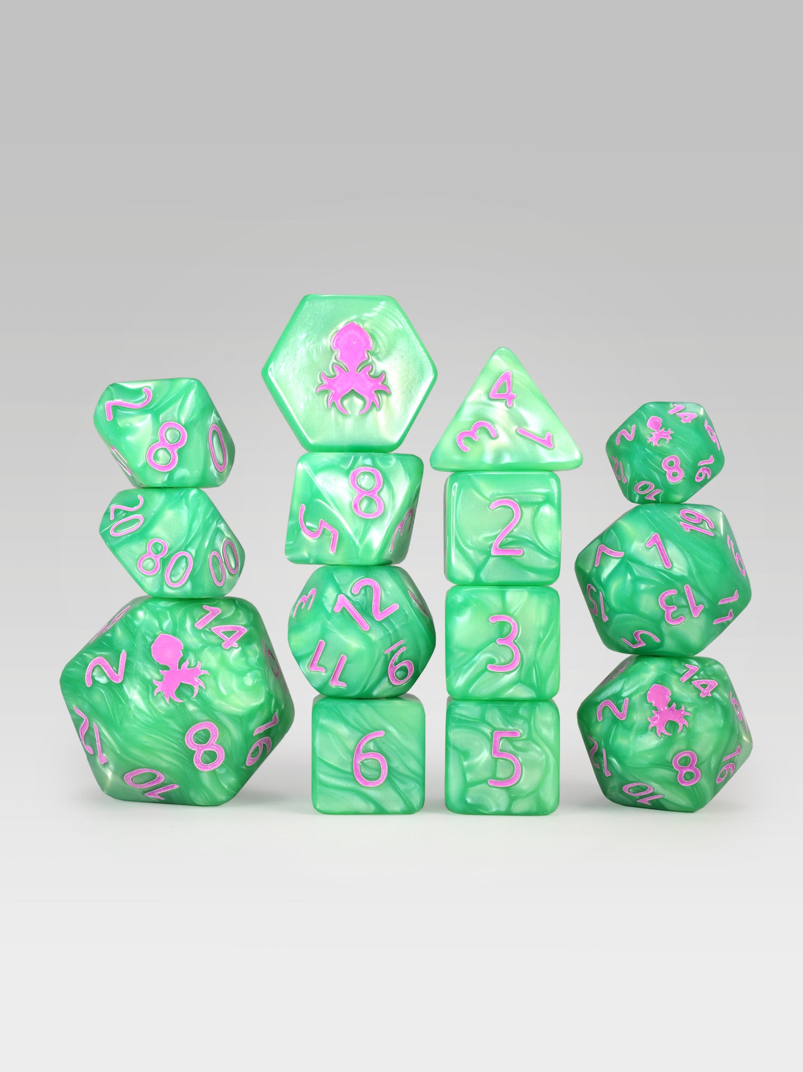 Kraken's Signature Green 14pc Dice Set inked in Pink